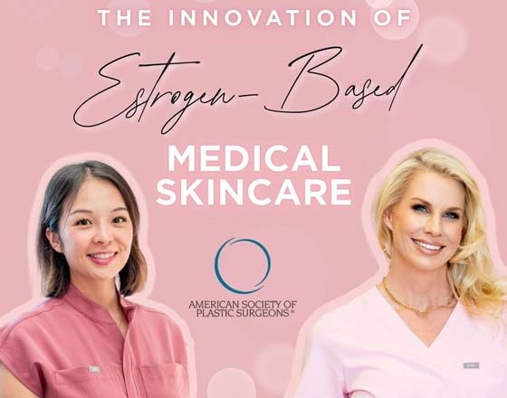 Dr. Horton and Nurse agnes posing in front of a graphic illustration about estrogen based medical skincare