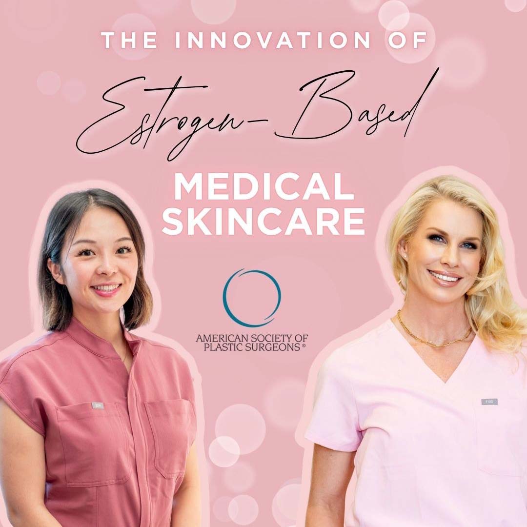 Dr. Horton and Nurse agnes posing in front of a graphic illustration about estrogen based medical skincare