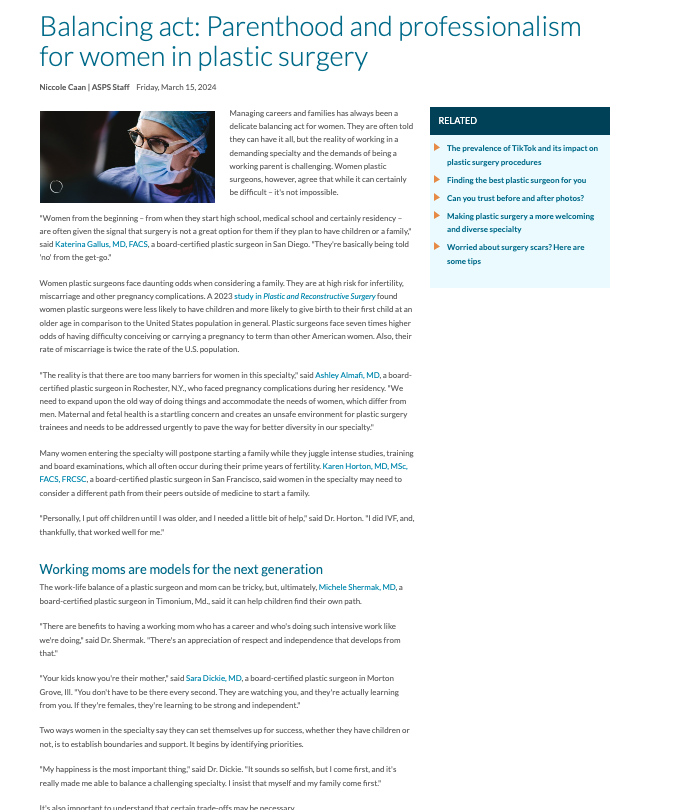 in the media Dr. Horton Quoted in Article by ASPS on Balancing Parenthood and Professionalism