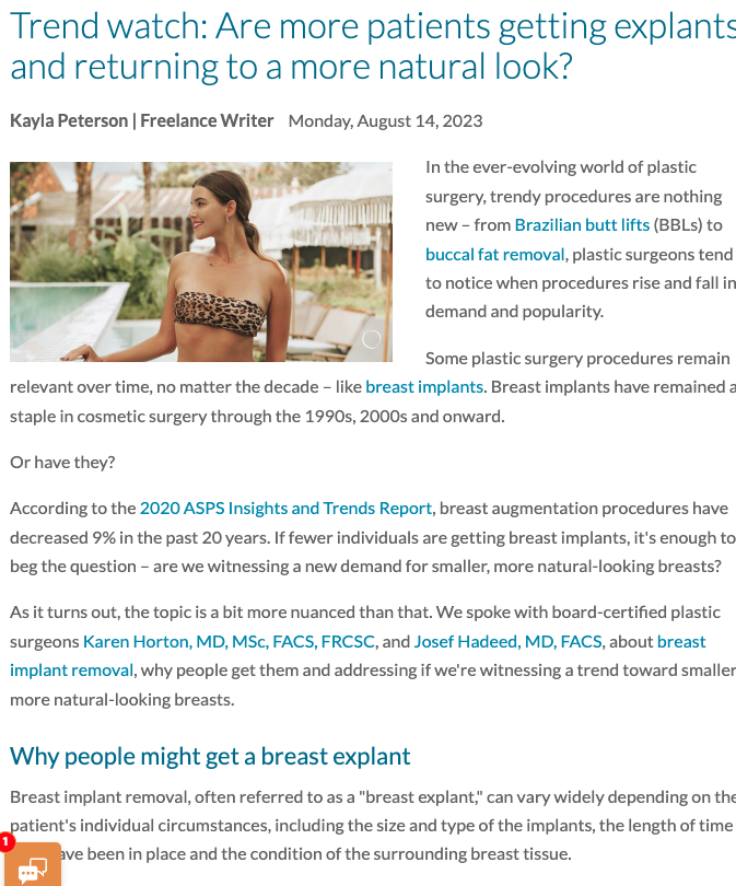 in the media ASPS Article: Are more patients getting explants and returning to a more natural look?