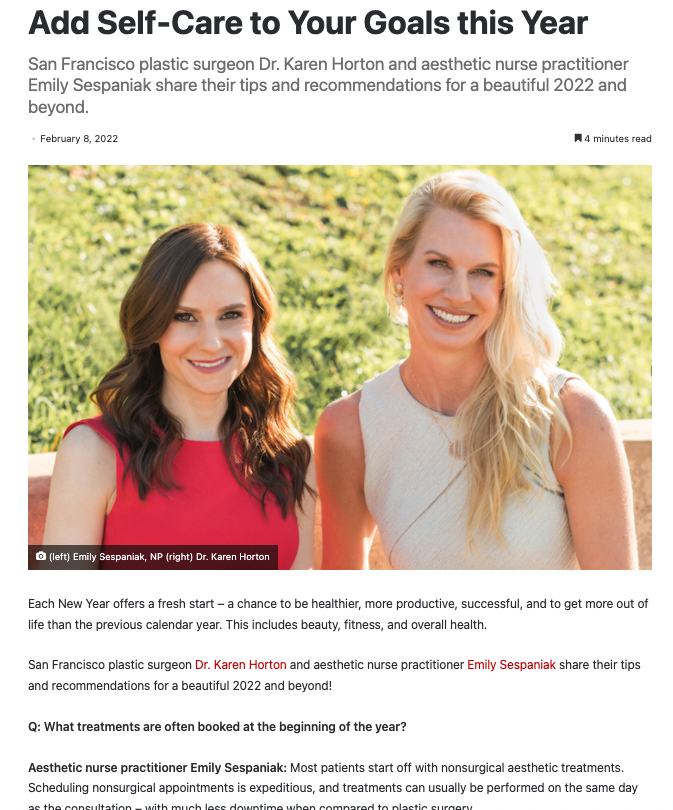 in the media Dr. Horton and Emily Sespaniak, NP Interviewed by the Nob Hill Gazette on Self-Care Goals for 2022