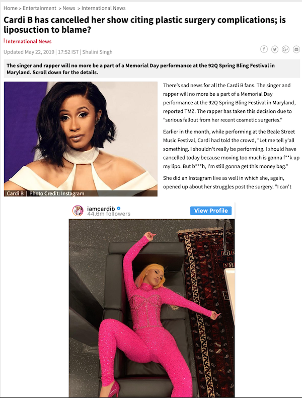 in the media Dr. Horton Featured in Times Now Article About Cardi B’s Reported Plastic Surgery Complications