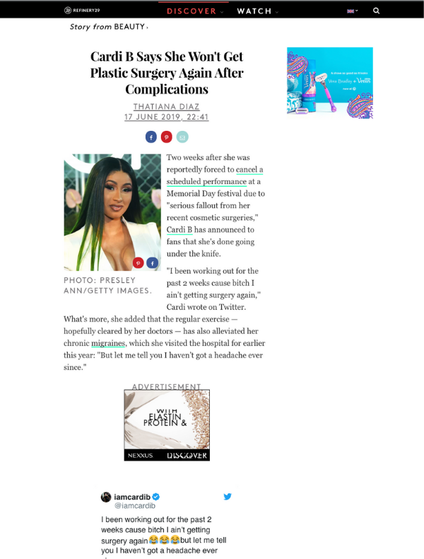 in the media Dr. Karen Horton on Cardi B’s Recent Decision Regarding Plastic Surgery