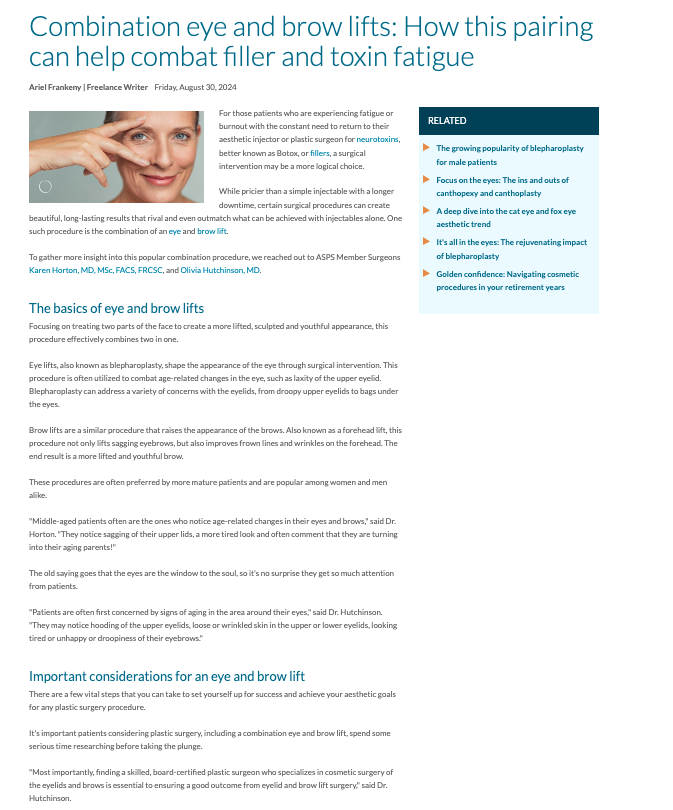 in the media ASPS Article Feature: Combination Eye and Brow Lifts