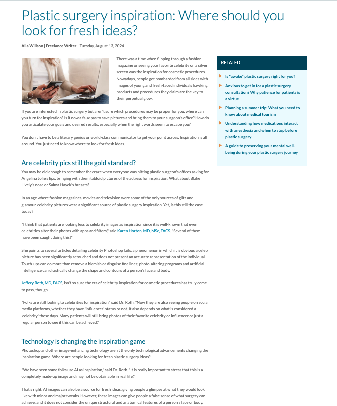 in the media ASPS Article – Plastic surgery inspiration: Where should you look for fresh ideas?