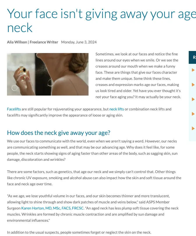 in the media ASPS Article: Your face isn’t giving away your age, it’s your neck.
