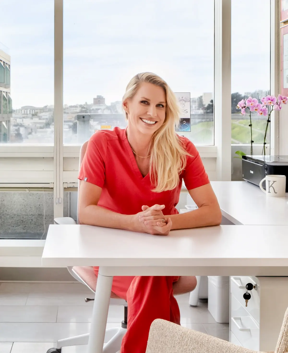 Board-Certified Plastic Surgeon, Dr. Karen Horton in her office in San Francisco