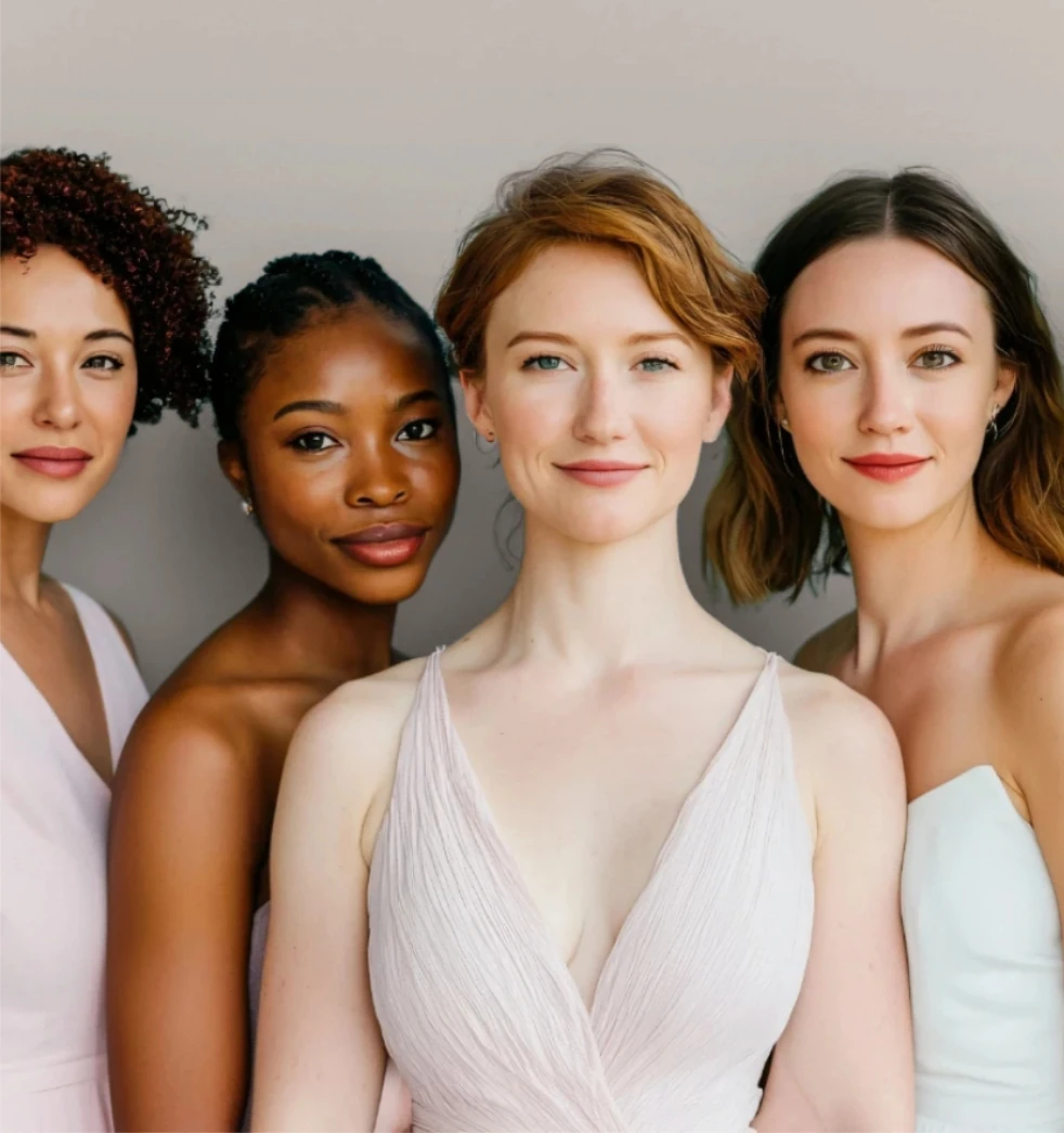 beautiful women of different ethnicities wearing V-neck dresses