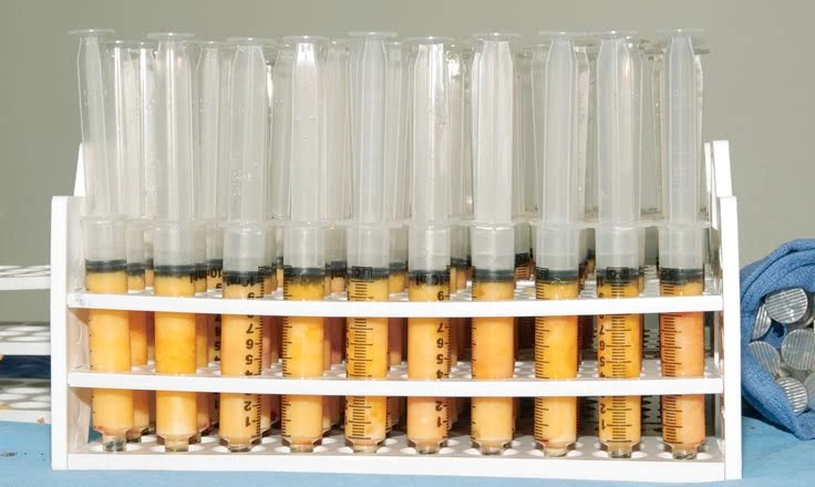 Multiple small syringes are filled with processed fat before reinjecting it into its new location in the chest area.